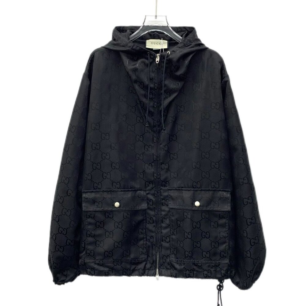 DM0118 Gucci Black Monogram Hooded Jacket With Front Pockets